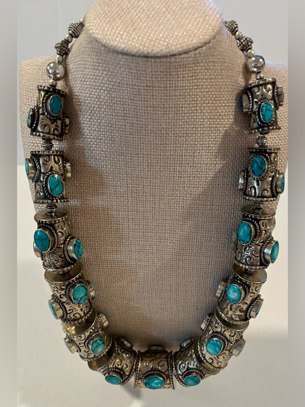 Vintage Tibetan Silver over Brass Turquoise Necklace Southwest Boho